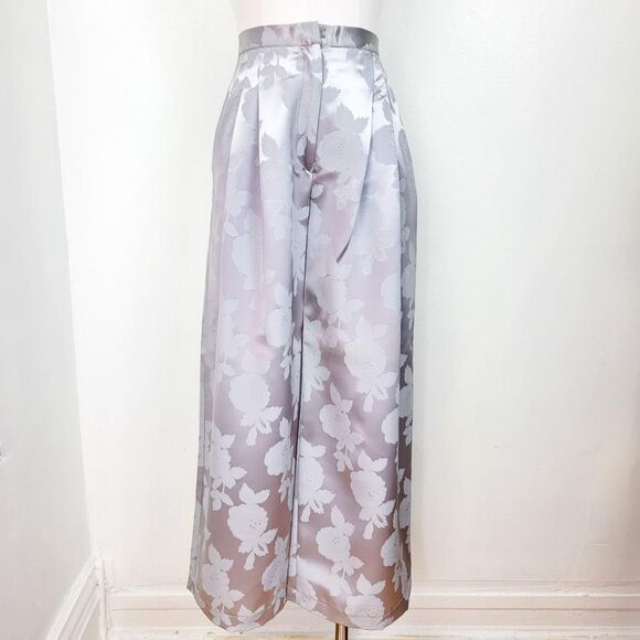 Norma Kamali Pants - Vintage 80s Norma Kamali Silver Floral Brocade Wide Leg Pants
